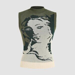 olive green face mural knit tank top🦪🃏🫒